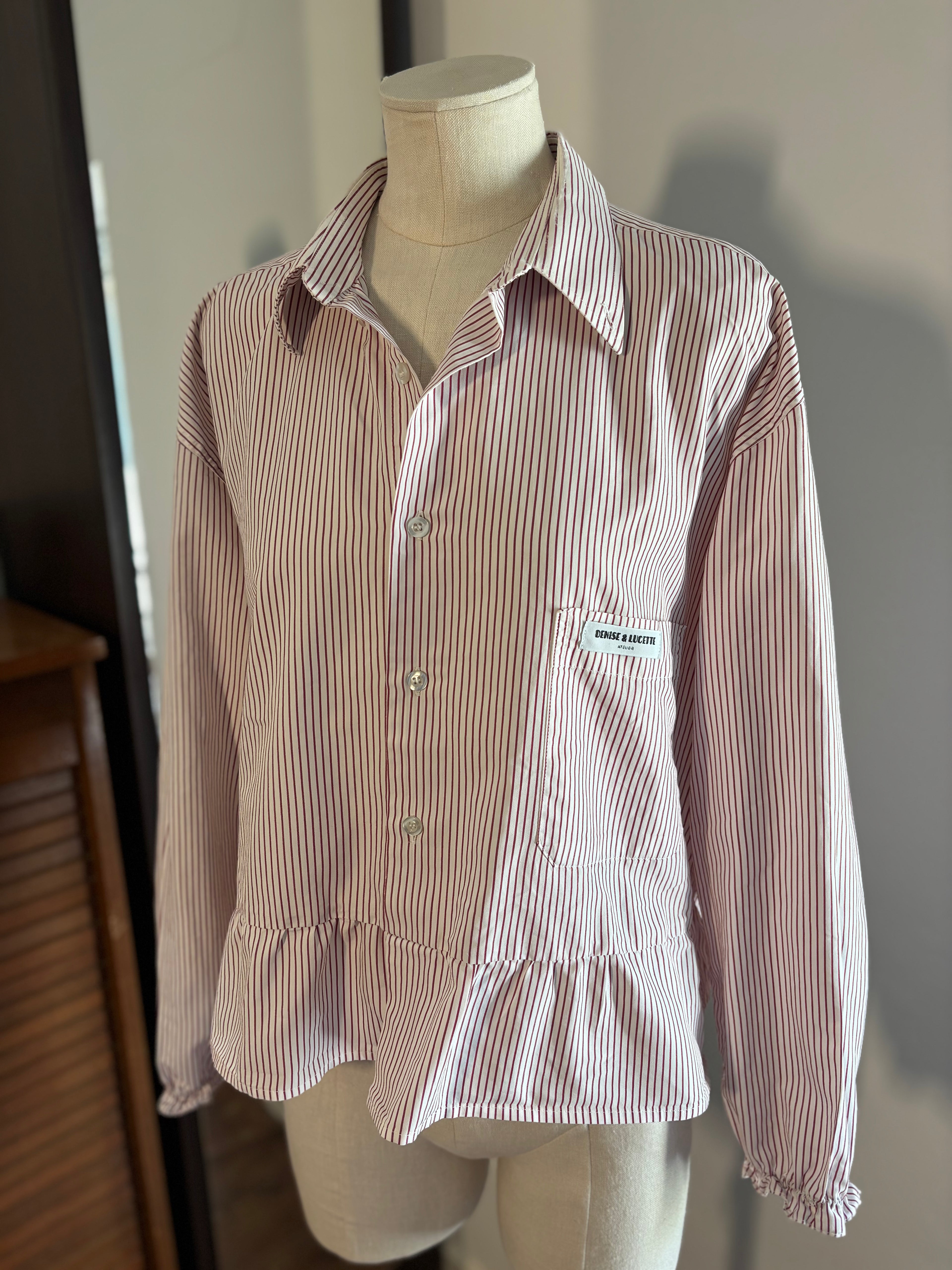 Chemisier femme upcyclé blanc rayé bordeaux