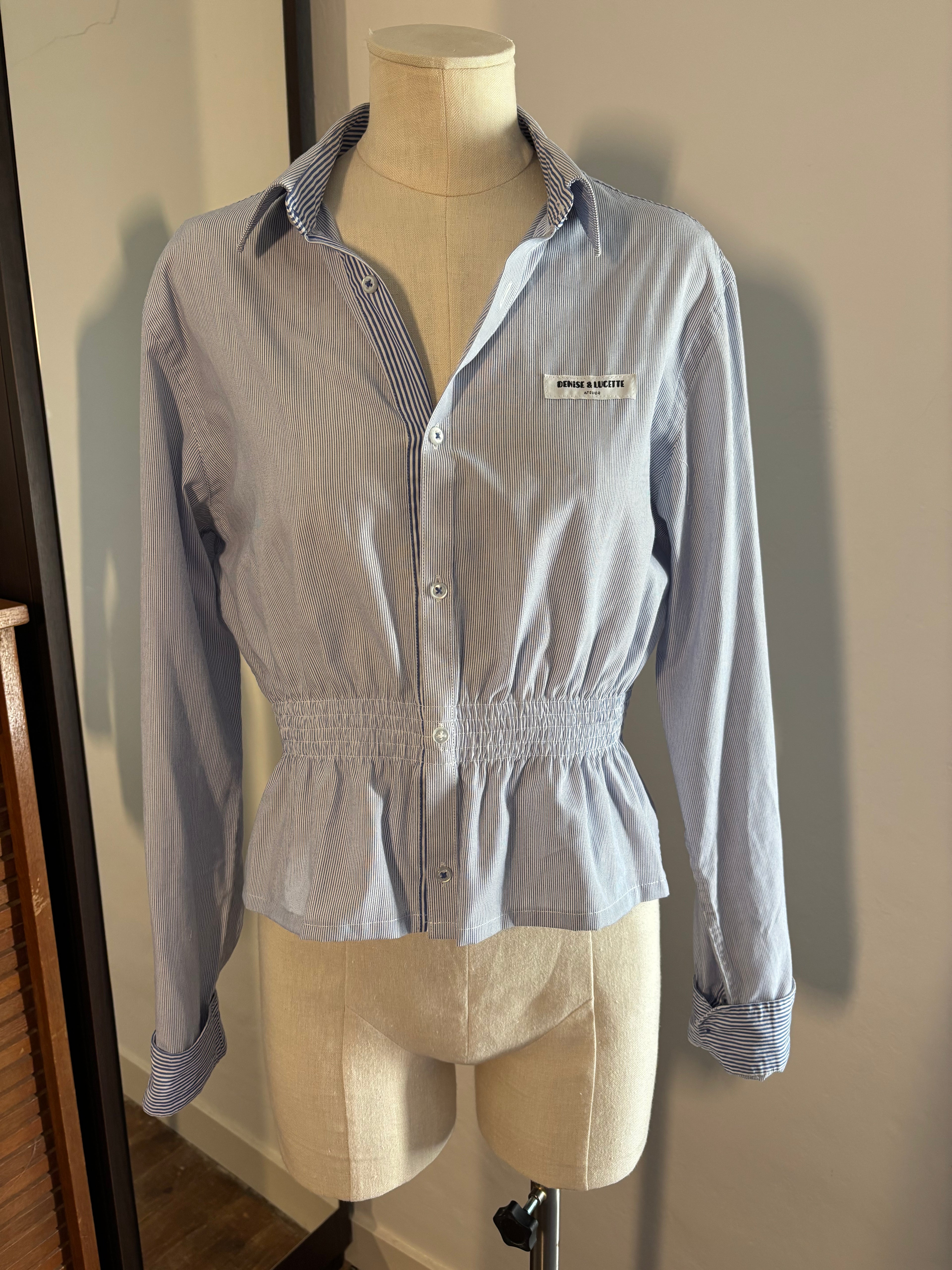 Chemisier femme upcyclé bleu rayé blanc